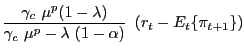$\displaystyle \frac{\gamma_{c}\ \mu^{p}(1-\lambda )}{\gamma_{c}\ \mu^{p}-\lambda\ (1-\alpha)}\ \left( r_{t}-E_{t}\{\pi _{t+1}\}\right)$