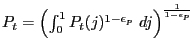 $ P_{t}=\left( \int_{0}^{1} P_{t}(j)^{1-\epsilon_{p}}\ dj\right) ^{\frac{1}{1-\epsilon_{p}}}$