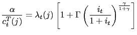 $\displaystyle \frac{\alpha}{c_{t}^{T}(j)}=\lambda_{t}(j)\left[ 1+\Gamma\left( \frac{i_{t} }{1+i_{t}}\right) ^{\frac{\gamma}{1+\gamma}}\right]$
