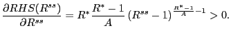 $\displaystyle \frac{\partial RHS(R^{ss})}{\partial R^{ss}}=R^{\ast}\frac{R^{\ast}-1} {A}\left( R^{ss}-1\right) ^{\frac{R^{\ast}-1}{A}-1}>0. $