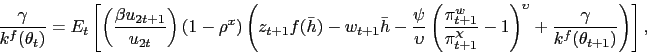 \begin{displaymath} \frac{\gamma}{k^f(\theta_t)} = E_t \left[ \left( \frac{\beta u_{2t+1}}{u_{2t}}\right) (1-\rho^x) \left( z_{t+1} f(\bar{h}) - w_{t+1} \bar{h} - \frac{\psi}{\upsilon}\left(\frac{\pi^w_{t+1}}{\pi_{t+1}^{\chi}}-1\right)^{\upsilon} + \frac{\gamma}{k^f(\theta_{t+1})} \right) \right], \end{displaymath}