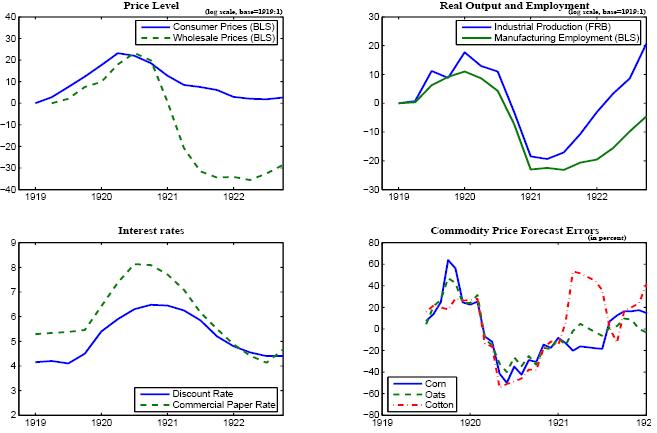This figure consists of four panels that show various macroeconomic data relevant for understanding the 1920-21 deflation.   All of the panels are time series plots.   The upper left panel shows  two alternative measures of the price level over the 1919-1923 period  one is the BLS measure of consumer prices, the other the BLS measure of wholesale prices.    Both price measures rise steady by a cumulative total of about 20 percent between early 1919 and mid-1920;  subsequently, each price series falls sharply, though the fall in the wholesale measure is much more extreme.  Thus, consumer prices fall roughly to their early 1919 level by early 1922, while wholesale prices fall about 35 percent below their early 1919 level.   The lower left panel shows two alternative short-term interest rate measures.    The discount rate of the Federal Reserve rises from 4 percent in 1919 to 6 percent by late 1921, and then gradually retreats to 4 percent by early 1922; the commercial paper rate follows a similar qualitative pattern, but begins at a higher level of around 5 percent in 1919, rises to a peak of almost 8 percent by late 1920, and then falls to four percent by early 1922.   Finally, the lower right panel reports commodity price forecast errors for corn, oats, and cotton.   These forecast errors were large and positive for all three commodities in 1919, became large and negative in 1920 for several quarters, and averaged close to zero thereafter.