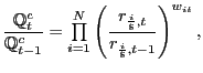$\displaystyle \frac{ \mathbb{Q} _{t}^{c}}{ \mathbb{Q} _{t-1}^{c}}= {\textstyle\prod\limits_{i=1}^{N}} \left( \frac{r_{\frac{i}{\$},t}}{r_{\frac{i}{\$},t-1}}\right) ^{w_{it} },$