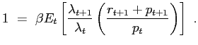 $\displaystyle 1 ~=~ \beta E_{t}\left[ \frac{\lambda_{t+1}}{\lambda_{t}} \left( \frac{r_{t+1} + p_{t+1}}{p_{t}} \right) \right] ~.$