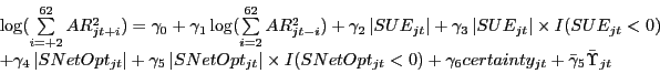 \begin{displaymath} \begin{array}[c]{l} \log(\sum\limits_{i=+2}^{62} {AR_{jt+i}^{2} } )=\gamma_{0} +\gamma_{1} \log(\sum\limits_{i=2}^{62} {AR_{jt-i}^{2} } )+\gamma_{2} \left\vert {SUE_{jt} } \right\vert +\gamma_{3} \left\vert {SUE_{jt} } \right\vert \times I(SUE_{jt} <0)\ +\gamma_{4} \left\vert {SNetOpt_{jt} } \right\vert +\gamma_{5} \left\vert {SNetOpt_{jt} } \right\vert \times I(SNetOpt_{jt} <0)+\gamma_{6} certainty_{jt} +\bar{\gamma }_{5} \bar{\Upsilon}_{jt}\ \end{array}\end{displaymath}