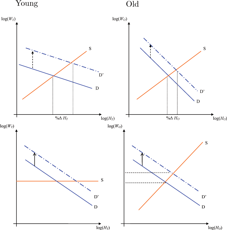 Displays four panels, those on left being for 'young' and those on right being for 'old'. For all panels, All panels: Red lines labeled 'S' depict the labor supply curves derived from the household's FONCs in log-log space; blue lines labeled 'D' depict labor demand curves. Top panel: supply curves with common slope Theta _Y = Theta _O 6= 0 and demand curves with capital-experience complementarity. Bottom panel: demand curves without capital-experience complementarity while the supply curve for HY is more elastic than the supply curve for HO in order to match the larger % change in HY.
