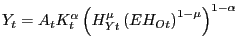 $\displaystyle Y_{t}=A_{t}K_{t}^{\alpha}\left( H_{Yt}^{\mu}\left( EH_{Ot}\right) ^{1-\mu }\right) ^{1-\alpha} $