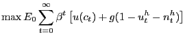 $\displaystyle \max E_{0} \sum_{t=0}^{\infty} \beta^{t} \left[ u(c_{t}) + g(1-u^{h} _{t}-n^{h}_{t}) \right]$