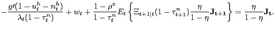 $\displaystyle -\frac{g\prime(1-u_{t}^{h}-n_{t}^{h})}{\lambda_{t}(1-\tau_{t}^{n})} +w_{t}+\frac{1-\rho^{x}}{1-\tau_{t}^{n}}E_{t}\left\{ \Xi_{t+1\vert t}(1-\tau _{t+1}^{n})\frac{\eta}{1-\eta}\mathbf{J_{t+1}}\right\} =\frac{\eta}{1-\eta }\mathbf{J_{t}}.$