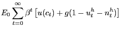 $\displaystyle E_{0} \sum_{t=0}^{\infty} \beta^{t} \left[ u(c_{t}) + g(1-u^{h}_{t}-n^{h}_{t}) \right]$