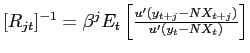 $ [R_{jt}]^{-1}=\beta^{j}E_{t}\left[ \frac{u^{\prime}(y_{t+j}-NX_{t+j})}{u^{\prime}(y_{t}-NX_{t})}\right] $