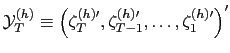 $ \mathbf{\mathcal{Y}}_{T}^{(h)}\equiv\left( \mathbf{\zeta}_{T}^{(h)\prime
},\mathbf{\zeta}_{T-1}^{(h)\prime},\ldots,\mathbf{\zeta}_{1}^{(h)\prime
}\right) ^{\prime}$