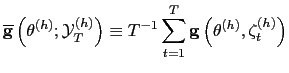 $\displaystyle \overline{\mathbf{g}}\left( \mathbf{\theta}^{(h)};\mathbf{\mathcal{Y}}
_{T}^{(h)}\right) \equiv T^{-1}\sum_{t=1}^{T}\mathbf{g}\left( \mathbf{\theta
}^{(h)},\mathbf{\zeta}_{t}^{(h)}\right)
$