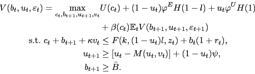 \begin{displaymath}\begin{split}V(b_{t},u_{t},\varepsilon_{t})=\max_{c_{t}, b_{t+1}, u_{t+1}, v_{t}} & U(c_{t})+(1-u_{t})\varphi^{E}H(1-l)+u_{t}\varphi^{U}H(1)\\ & +\beta(c_{t})\mathbb{E}_{t}V(b_{t+1},u_{t+1},\varepsilon_{t+1})\\ \text{s.t.}\ c_{t}+b_{t+1}+\kappa v_{t} & \leq F(k,(1-u_{t})l,z_{t} )+b_{t}(1+r_{t}),\\ u_{t+1} & \geq\lbrack u_{t}-M(u_{t},v_{t})]+(1-u_{t})\psi,\\ b_{t+1} & \geq\bar{B}. \end{split}\end{displaymath}