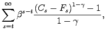 $\displaystyle \sum_{s=t}^{\infty}\beta^{s-t}\frac{\left( C_{s} -F_{s}\right) ^{1-\gamma }-1}{1-\gamma},$