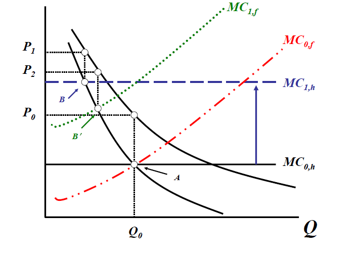 Figure 5 graphs the marginal revenue curve, the demand curve and the marginal cost curves for both the firm-specific capital model and the homogeneous capital model.  After both the marginal cost curves are given a positive shock, the homogeneous capital model results in a higher price than that of the firm-specific capital model. This is result obtained because the marginal supply schedule is upward sloping in the firm-specific capital model, while it is horizontal in the homogeneous capital model.