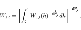 \begin{displaymath} W_{1,t}=\left[ \int_{0}^{1}W_{1,t}(h)^{-\frac{1}{\theta^{w} _{1,t}}}dh\right] ^{-\theta^{w} _{1,t}}. \end{displaymath}