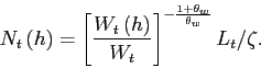 \begin{displaymath} N_{t}\left( h\right) =\left[ \frac{W_{t}\left( h\right) }{W_{t}}\right] ^{-\frac{1+\theta_{w}}{\theta_{w}}}L_{t}/\zeta. \end{displaymath}