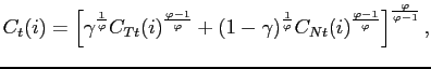 $\displaystyle C_{t}(i)=\left[ \gamma ^{\frac{1}{\varphi }}C_{Tt}(i)^{\frac{\varphi -1}{ \varphi }}+(1-\gamma )^{\frac{1}{\varphi }}C_{Nt}(i)^{\frac{\varphi -1}{ \varphi }}\right] ^{\frac{\varphi }{\varphi -1}},$