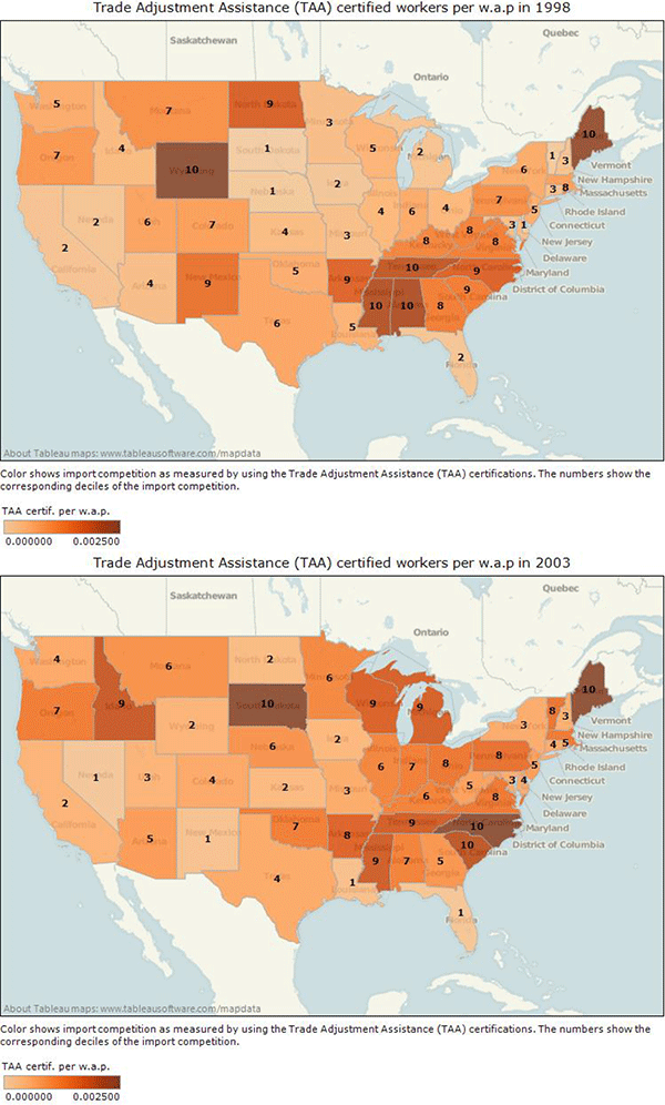 Figure 14: Figure 14 shows maps of the TAA-based foreign competition measure in 1998 and 2003 respectively.