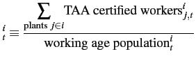 $\displaystyle _{t}^{i}\equiv\frac{{\displaystyle \sum_{\text{plants }j\in i}}\text{TAA certified workers}_{j,t}^{i}}{\text{working age population}_{t}^{i}}
$