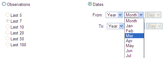 Image of the select a date range or number of observations section of the format page