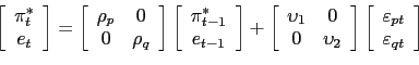 \begin{displaymath}\begin{array}[c]{c} \left[ \begin{array}[c]{c} \pi_{t}^{\ast}\\ e_{t} \end{array} \right] =\left[ \begin{array}[c]{cc} \rho_{p} & 0\\ 0 & \rho_{q} \end{array} \right] \left[ \begin{array}[c]{c} \pi_{t-1}^{\ast}\\ e_{t-1} \end{array} \right] +\left[ \begin{array}[c]{cc} \upsilon_{1} & 0\\ 0 & \upsilon_{2} \end{array} \right] \left[ \begin{array}[c]{c} \varepsilon_{pt}\\ \varepsilon_{qt} \end{array} \right] \\ \end{array}\end{displaymath}