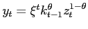 $ y_{t}=\xi^t k_{t-1}^{\theta} z_{t}^{1-\theta}$