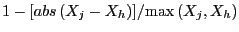 $ 1-{\left[ {abs\left( {X_{j} -X_{h} } \right) } \right] } \mathord{\left/ {\vphantom {{\left[ {abs\left( {X_j -X_h } \right)} \right]} {\max \left( {X_j ,X_h } \right)}}} \right. \kern-\nulldelimiterspace} {\max \left( {X_j ,X_h } \right)}$