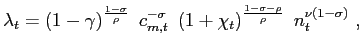 $\displaystyle \lambda_{t} = \left( 1-\gamma\right) ^{\frac{1-\sigma} {\rho}} ~ c_{m,t}^{-\sigma} ~ \left( 1 + \chi_{t}\right) ^{\frac{1-\sigma -\rho}{\rho}} ~ n_{t}^{\nu\left( 1-\sigma\right) } ~,$