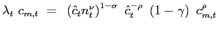 $\displaystyle \lambda_{t} ~ c_{m,t} ~=~ \left( \hat{c}_{t} n_{t}^{\nu}\right) ^{1-\sigma} ~ \hat{c}_{t}^{-\rho} ~ \left( 1-\gamma\right) ~ c_{m,t}^{\rho}$