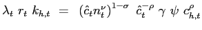 $\displaystyle \lambda_{t} ~ r_{t} ~ k_{h,t} ~=~ \left( \hat{c}_{t} n_{t}^{\nu}\right) ^{1-\sigma} ~ \hat{c}_{t}^{-\rho} ~ \gamma~ \psi~ c_{h,t}^{\rho}$