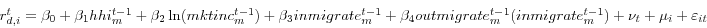 \begin{displaymath} \begin{array}{l} r_{d,i}^t =\beta _0 +\beta _1 hhi_m^{t-1} +\beta _2 \ln (mktinc_m^{t-1})+\beta _3 inmigrate_m^{t-1} +\beta _4 outmigrate_m^{t-1} (inmigrate_{m}^{t-1})+\nu _t +\mu _i +\varepsilon _{it} \ \end{array}\end{displaymath}