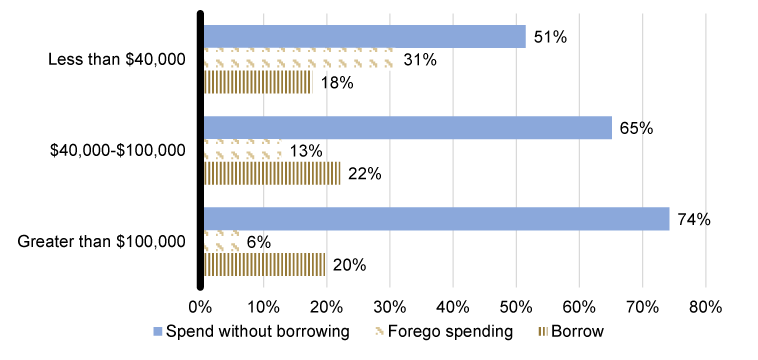Figure 4: Holiday spending and borrowing among those who have a credit card or are very confident that they could obtain credit were they to apply (by income). See accessible link for data.