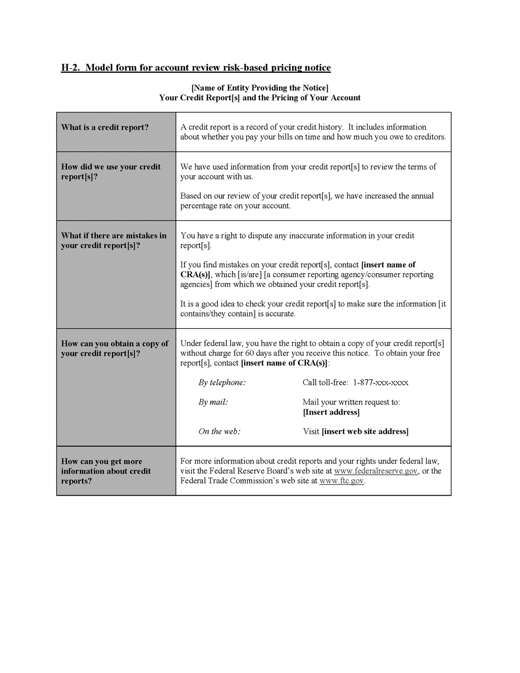 H-2. Model form for account review risk-based pricing notice