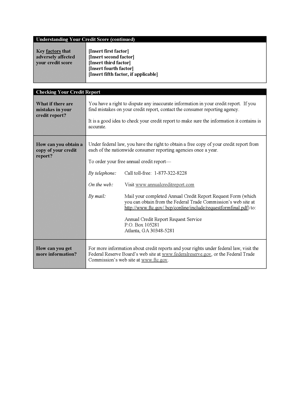 H-3. Model form for credit score disclosure exception for loans secured by one to four units of residential real property (contd.)