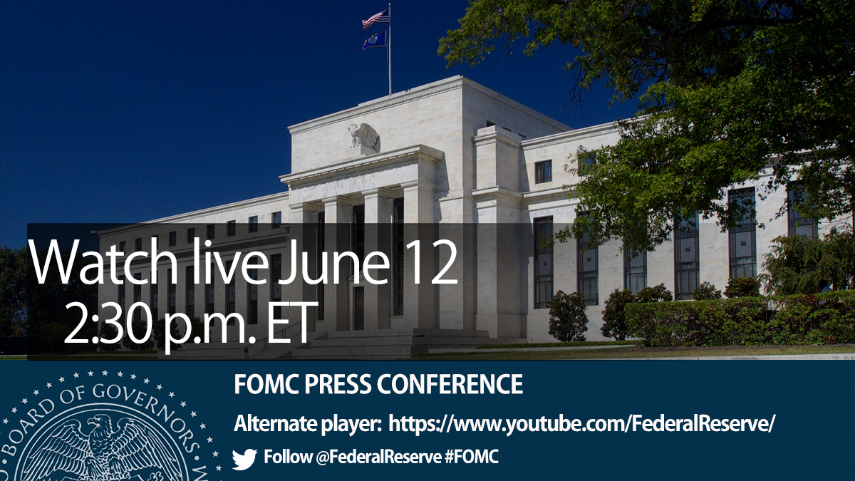 Federal Reserve Board Eccles Building with Watch live June 12, 2:30 p.m. ET. Above a blue banner with a partial image of the Board’s official seal on the left with FOMC Press Conference, Alternate Player: https://www.youtube.com/FederalReserve/, Foll